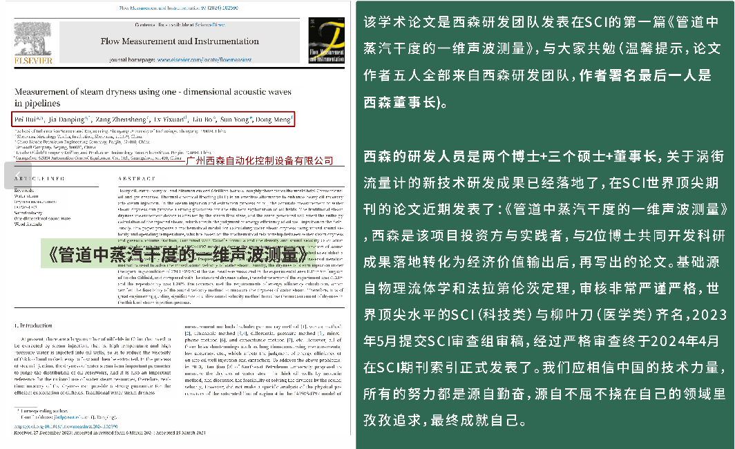 西森研發(fā)團(tuán)隊(duì)首篇 SCI 論文〈管道中蒸汽干度的一維聲波測量〉發(fā)布
